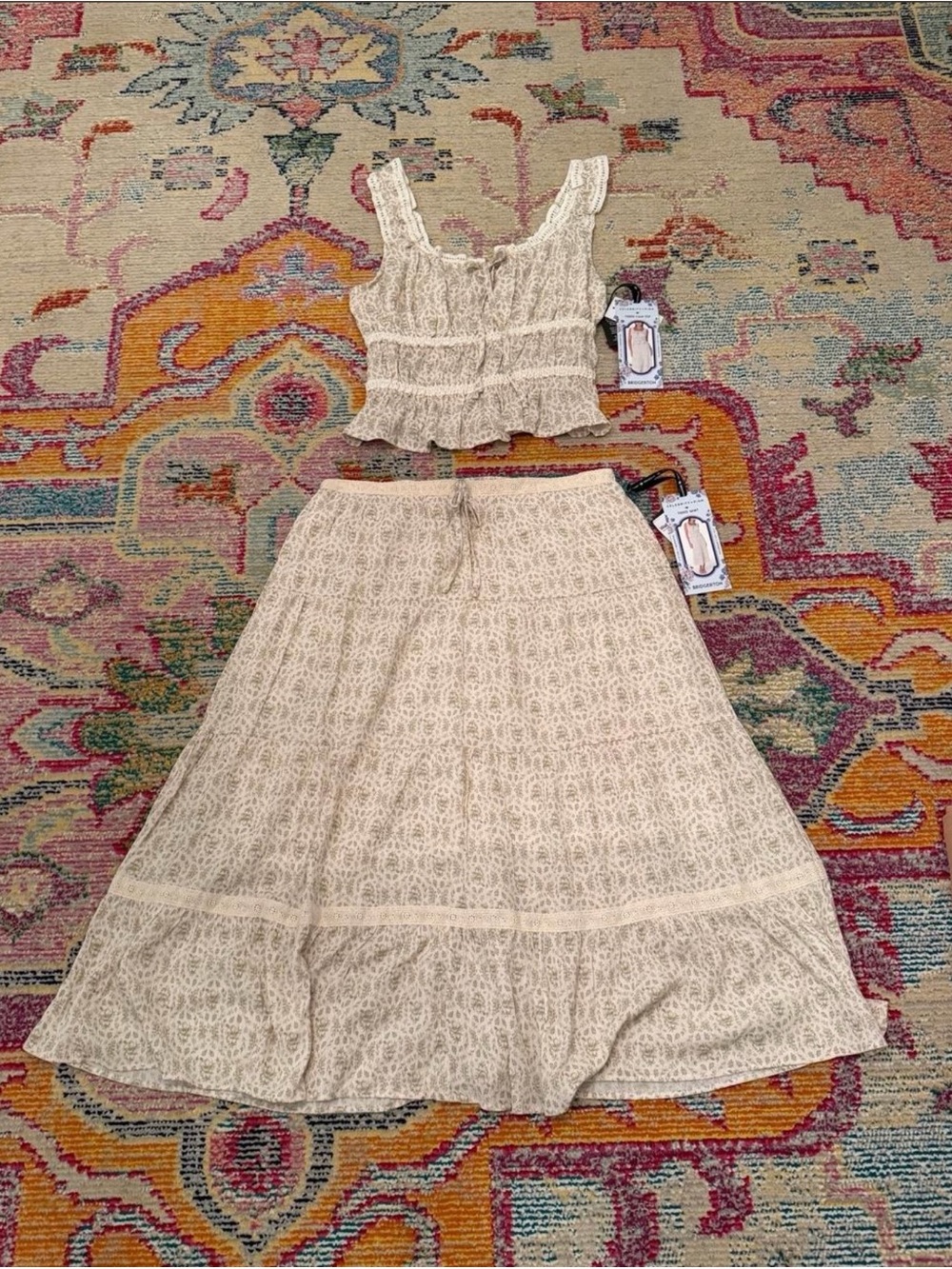 Cream and Green Boho Two-Piece Skirt Set